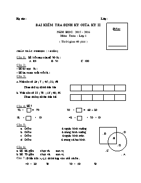 Đề kiểm tra định kì giữa học kỳ 2 môn Toán lớp 1 - Năm học 2015-2016 - Trường Tiểu học Tử Lạc