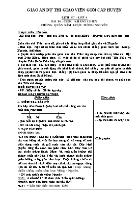 Giáo án dự thi giáo viên giỏi cấp huyện môn Lịch sử lớp 4 - Bài 14: Cuộc kháng chiến chống quân xâm lược Mông Nguyên