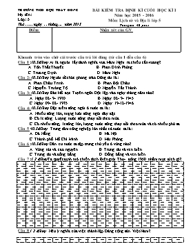 Bài kiểm tra định kì cuối học kì 1 môn Lịch sử và Địa lí Lớp 5 - Năm học 2015-2016 - Trường Tiểu học Thất Hùng