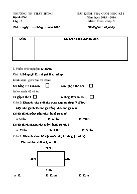 Bài kiểm tra định kì cuối học kì 1 môn Toán Lớp 3 - Năm học 2015-2016 - Trường Tiểu học Thất Hùng