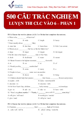 500 Câu trắc nghiệm luyện thi CLC vào 6 - Phần 1