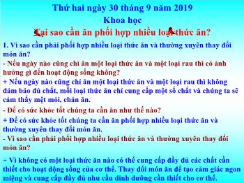 Bài giảng Khoa học Lớp 4 - Bài: Tại sao cần ăn phối hợp nhiều loại thức ăn? - Năm học 2019-2020