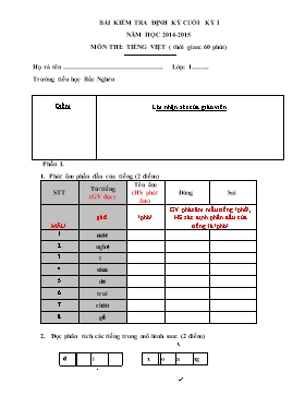 Bài kiểm tra định kỳ cuối kỳ I môn Toán + Tiếng Việt Lớp 1 - Năm học 2014-2015 - Trường tiểu học Bắc Nghèn