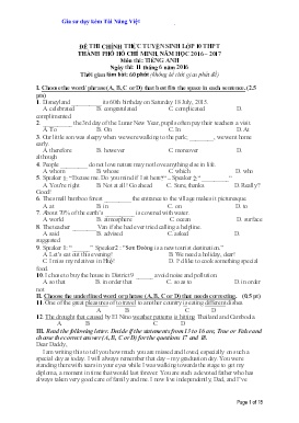 Bộ đề thi tuyển sinh vào Lớp 10 THPT môn Tiếng Anh - Năm học 2016-2017