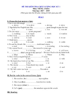 Đề kiểm tra chất lượng học kỳ 1 môn Tiếng Anh Lớp 8 - Đề số 1+2 - Năm học 2017-2018 (Có đáp án)