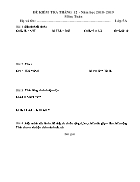 Đề kiểm tra tháng 12 môn Toán Lớp 5 - Năm học 2018-2019