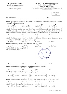 Đề KTCL ôn thi THPTG môn Toán Lớp 12 (Lần 1) - Mã đề 357 - Năm học 2018-2019 - Trường THPT Đội Cấn