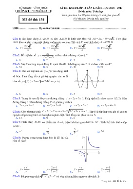 Đề thi KSCĐ môn Toán Lớp 12 (Lần 1) - Mã đề 134 - Năm học 2018-2019 - Trường THPT Ngô Gia Tự