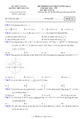 Đề thi KSCL môn Toán Lớp 12 (Lần 1) - Mã đề 125 - Năm học 2018-2019 - Trường THPT Sơn Tây