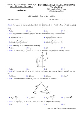 Đề thi KSCL môn Toán Lớp 12 - Mã đề 101 - Trường THPT Lê Văn Hưu (Có đáp án)
