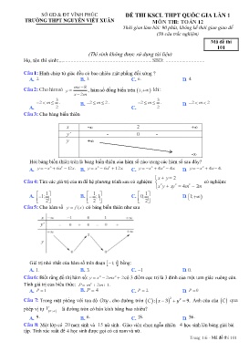 Đề thi KSCL THPT quốc gia môn Toán Lớp 12 (Lần 1) - Mã đề 101 - Trường THPT Nguyễn Viết Xuân (Có đáp án)