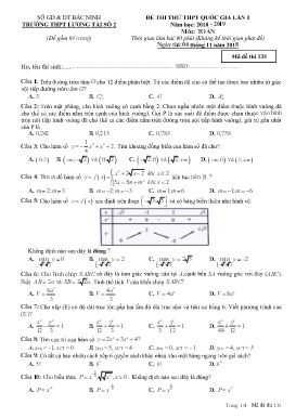 Đề thi thử kỳ thi THPT Quốc gia môn Toán (Lần 1) - Mã đề 135 - Năm học 2018-2019 - Trường THPT Lương Tài 2