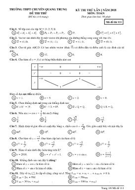 Đề thi thử năm 2018 lần I môn Toán - Mã đề 111 - Trường THPT Chuyên Quang Trung (Có đáp án)