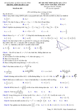 Đề thi thử THPT Quốc gia môn Toán (Lần 1) - Mã đề 001 - Năm học 2018-2019 - Trường THPT Hà Huy Tập