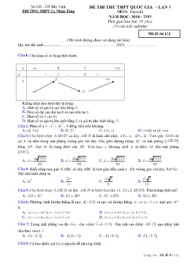 Đề thi thử THPT Quốc gia môn Toán (Lần 1) - Mã đề 121 - Năm học 2018-2019 - Trường THPT Lý Nhân Tông (Có đáp án)