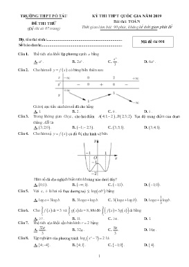 Đề thi thử THPT Quốc gia năm 2019 môn Toán - Mã đề 001 - Trường THPT Pò Tấu (Có đáp án)