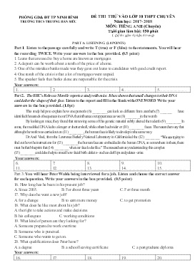 Đề thi thử vào Lớp 10 THPT Chuyên môn Tiếng Anh - Năm học 2017-2018 - Trường THCS Trương Hán Siêu (Có đáp án)