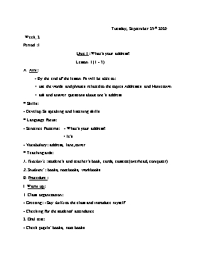 Giáo án Tiếng Anh Lớp 5 - Tuần 2, Unit 1: What’s your address? - Lesson 1+2 - Năm học 2020-2021