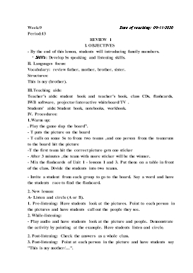 Giáo án Tiếng Anh Lớp 1 - Period 13+14, Review 1 - Năm học 2020-2021