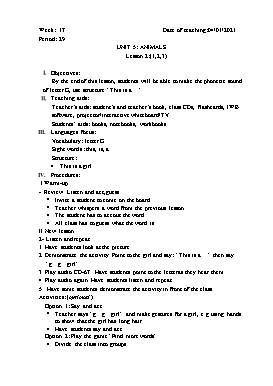 Giáo án Tiếng Anh Lớp 1 - Period 29+30, Unit 5: Animals. Lesson 2 (1,2,3) - Năm học 2020-2021