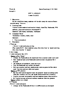 Giáo án Tiếng Anh Lớp 1 - Period 31+32, Unit 5: Animals. Lesson 3 - Năm học 2020-2021