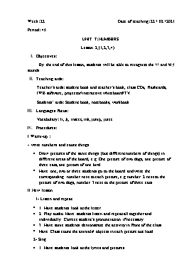 Giáo án Tiếng Anh Lớp 1 - Period 45+46, Unit 7: Numbers. Lesson 2 (1, 2, 3, 4) - Năm học 2020-2021